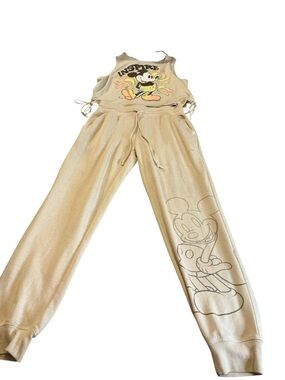 Beige Mickey Graphic Jumpsuit Pants Set - Inspired Print